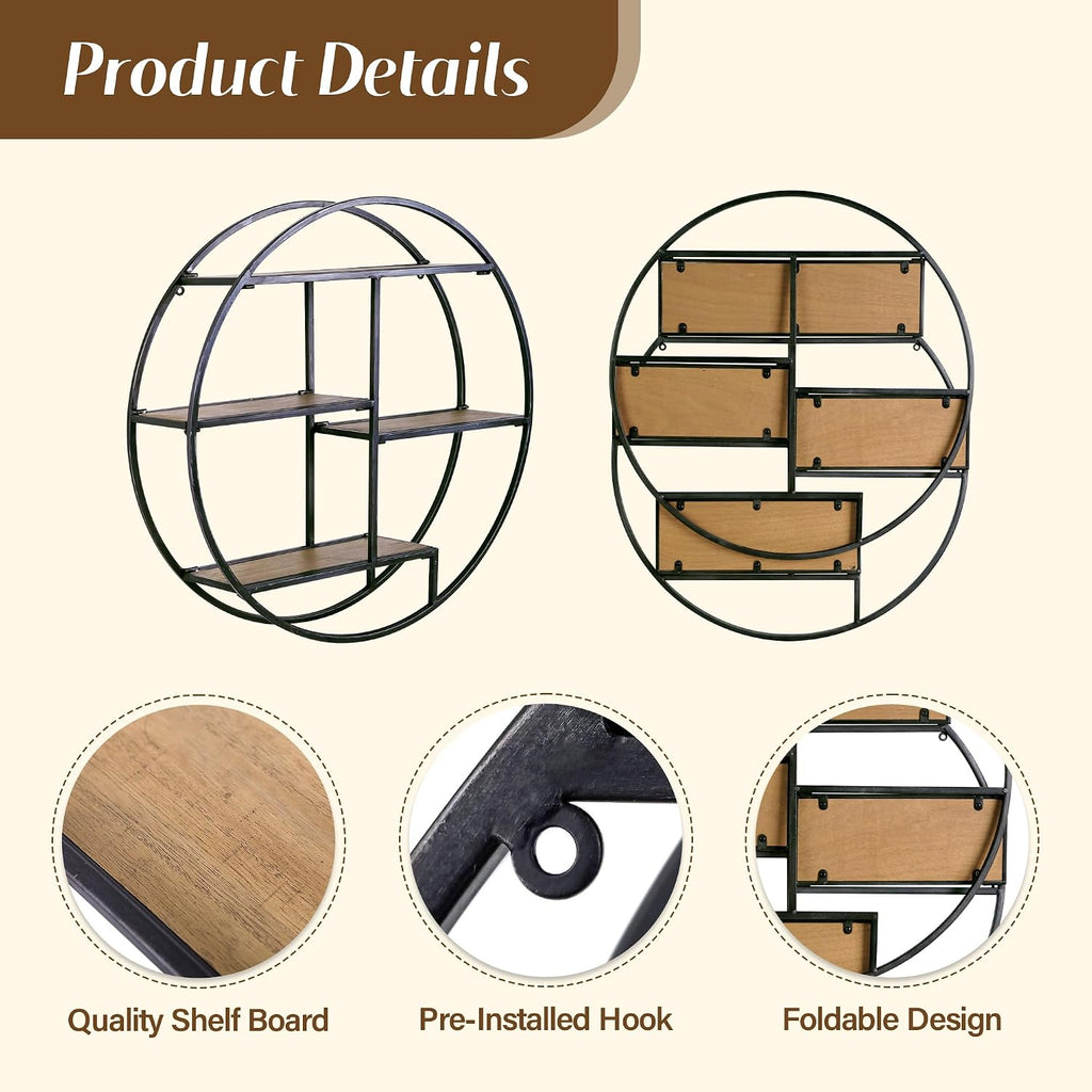 4 Tier Industrial Style Foldable Round Wall Shelves