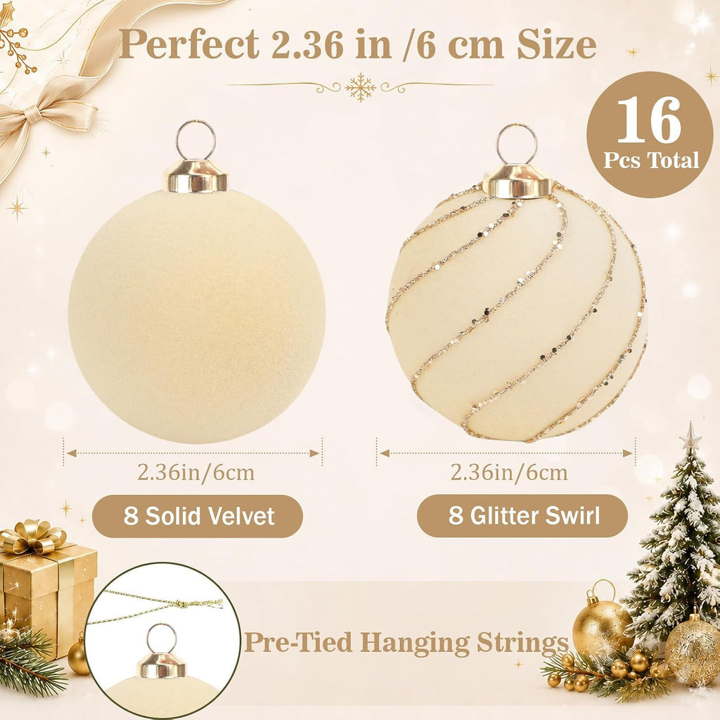 16 Pcs Beige Velvet Christmas Ball Ornaments, Flocked Tree Decorations