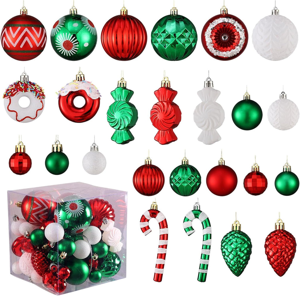 Christmas Tree Ornaments, 56PCS Red White Green Christmas Ornaments Shatterproof Multi Colored Plastic Hanging Balls for Xmas Decoration Holiday Party