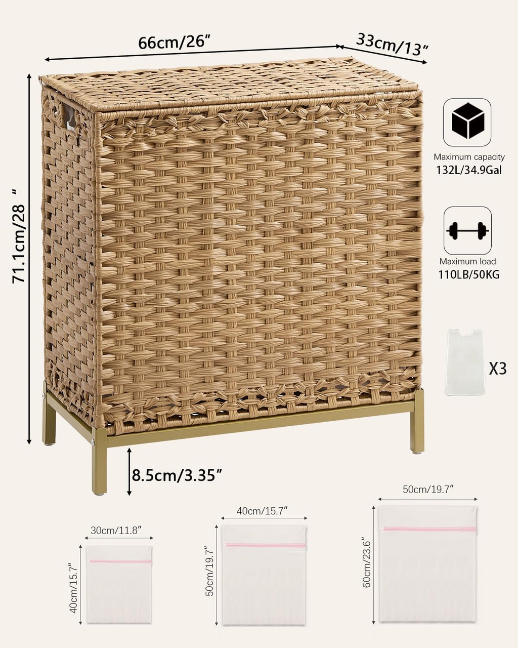 SETVSON Laundry Hamper with Lid, 35 Gal 3-Bag Clothes Sorter, Natural