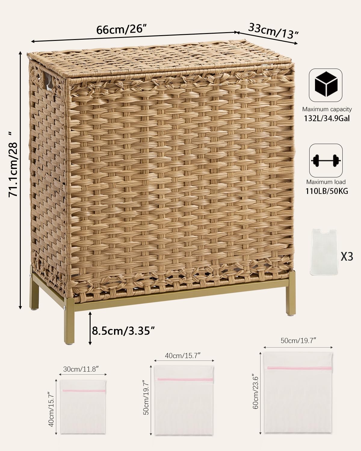 SETVSON Laundry Hamper with Lid, 35 Gal 3-Bag Clothes Sorter, Natural
