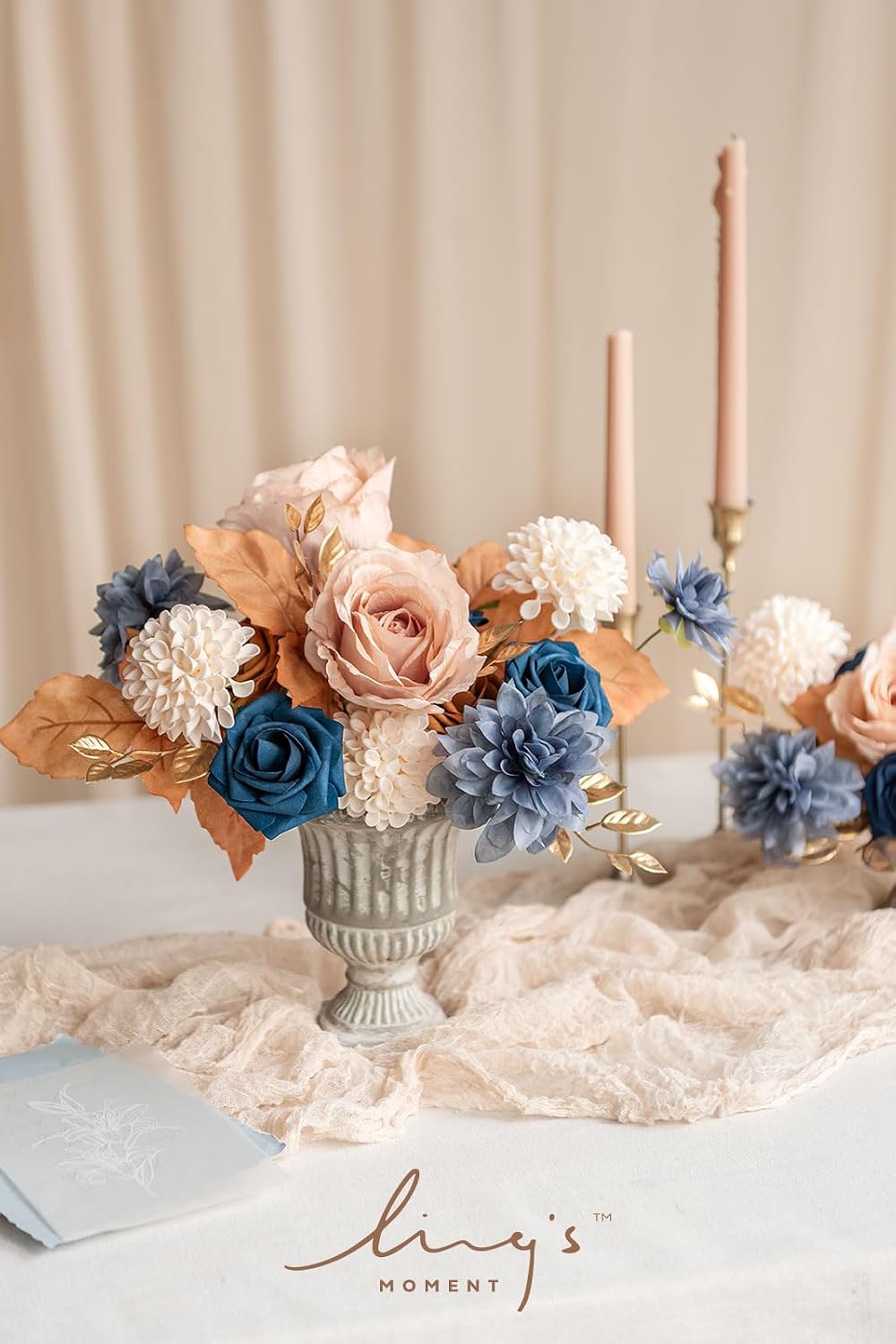 Ling's moment Artificial Flowers Fake Silk Dahlia Faux Foam Roses Combo for DIY Wedding Bouquets Centerpieces Arrangements Bridal Shower Party Home Decorations, Navy Blue & Burnt Orange, 24pcs