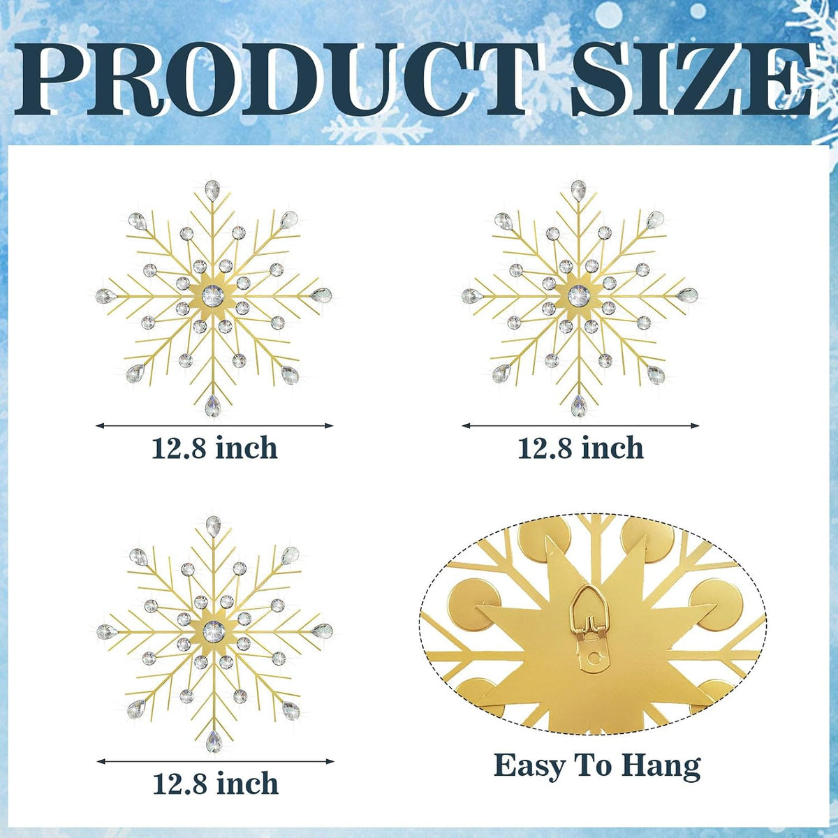 ZEXUIRU 3 Set Snowflake Wall Decor Living Room Bedroom Entryway Metal Bling, Crystal Rhinestone Starburst Sunburst Sparkling Wall Art Decor Silver Metal Christmas Decoration-Gold 13in