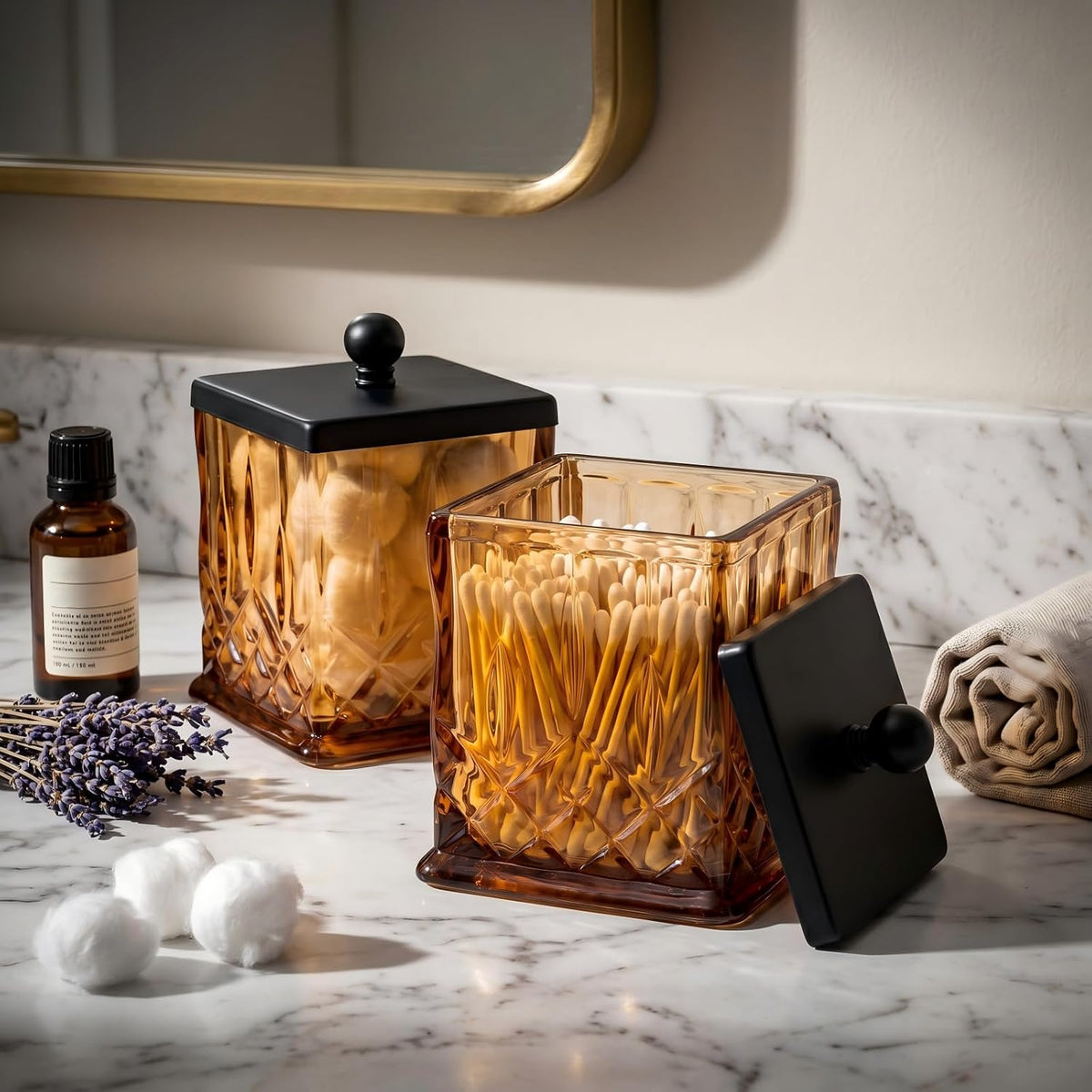 2 Pack 15Oz Amber Q-Tip Holder, Square Thick Glass