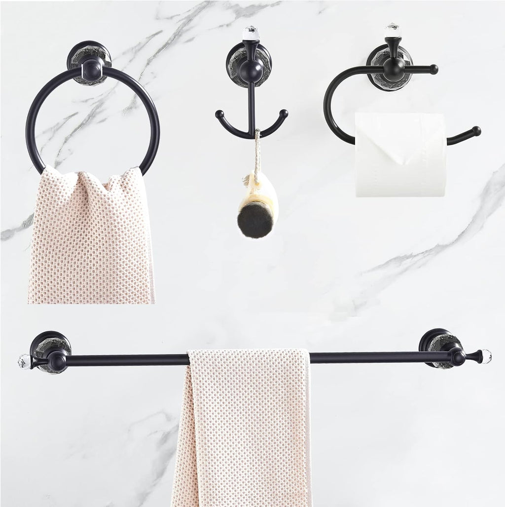 WOLIBEER Crystal Bathroom Hardware, Black 24 Inch Towel Bar Set Toilet Paper Holder Towel Ring Coat Hooks Bathroom Accessories 4 Pieces Wall Mounted