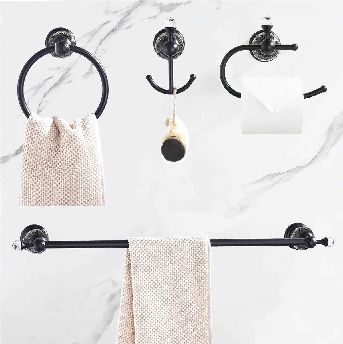 WOLIBEER Crystal Bathroom Hardware, Black 24 Inch Towel Bar Set Toilet Paper Holder Towel Ring Coat Hooks Bathroom Accessories 4 Pieces Wall Mounted