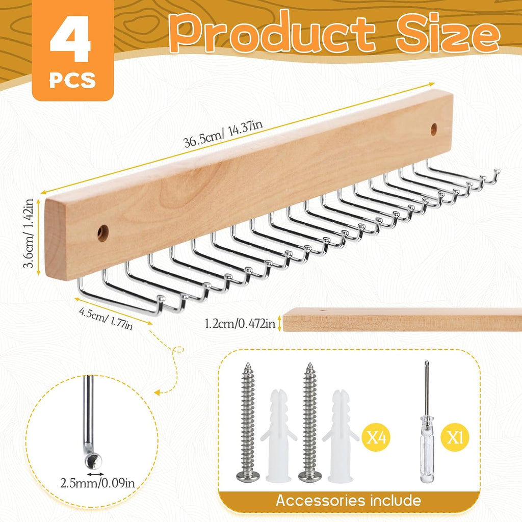 Necklace Holder Wall Mount 4 Pack, with 80 Hooks, Wooden, 36.5 x 3.6 cm