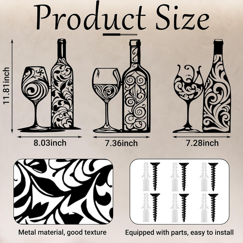 Otoolling 3 Pcs Wine Wall Art Black Metal Wine Sign 3 Style, Filigree