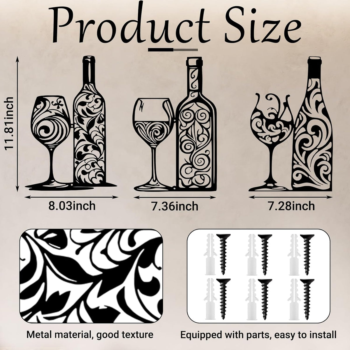 Otoolling 3 Pcs Wine Wall Art Black Metal Wine Sign 3 Style, Filigree