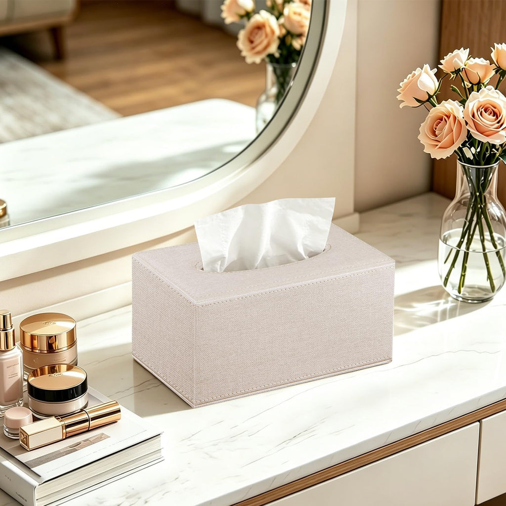 Linen Tissue Box Cover Rectangle,Leather Aesthetic Facial Tissue Box Holder