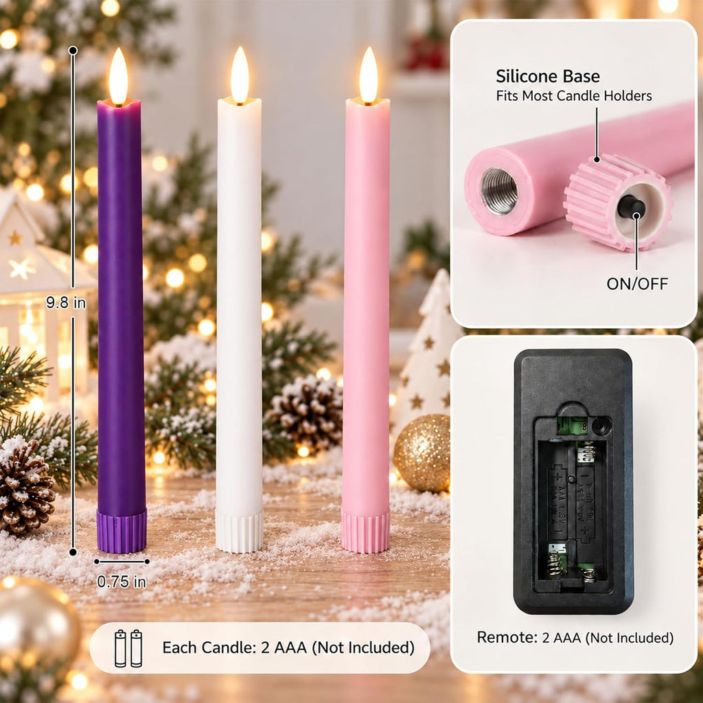 Flameless Advent Candles, Real Wax LED Taper Candles for Advent Wreath