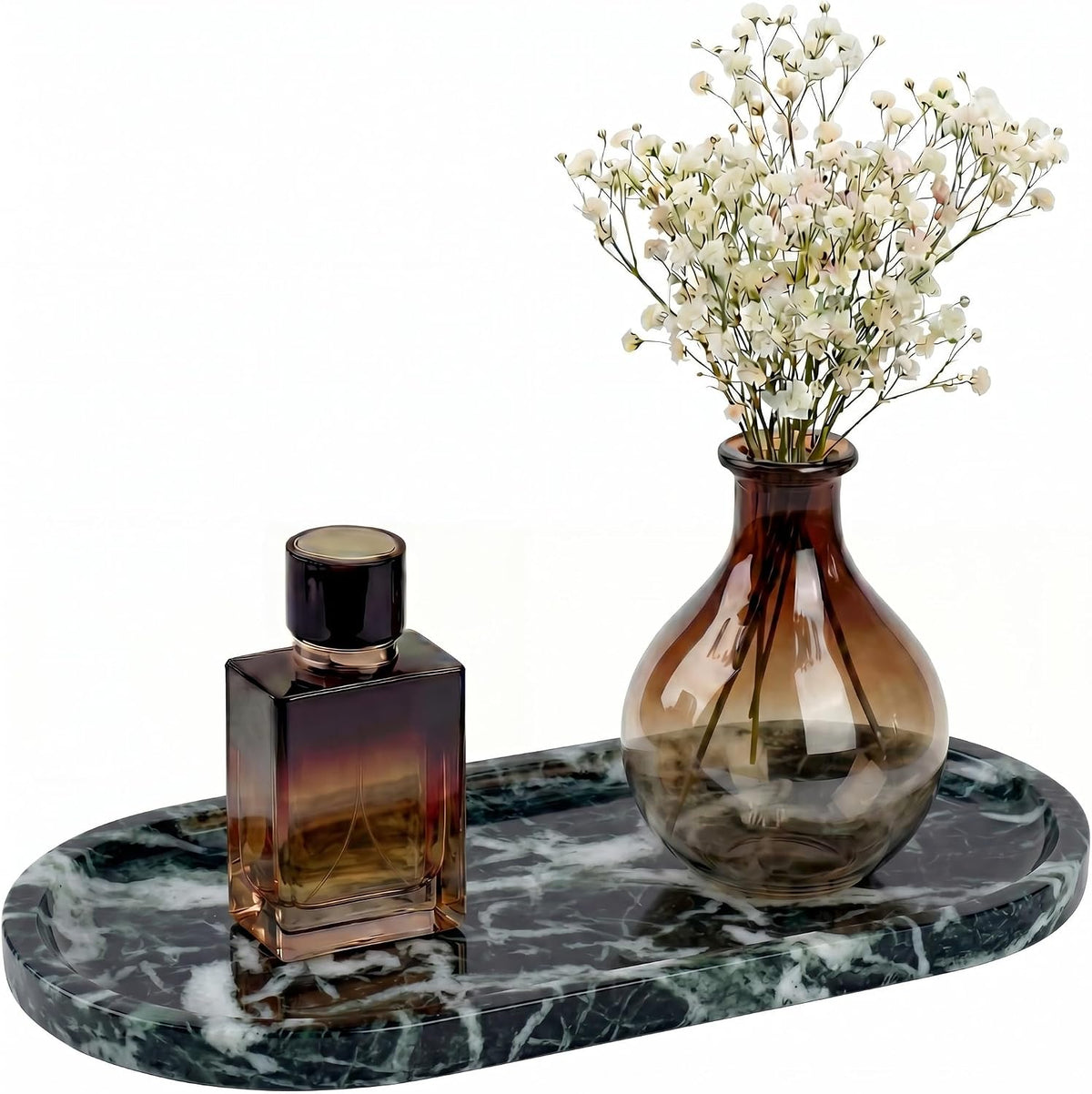YKAJO Snowflake Green Oval Marble Tray, 11.8x5.9 Vanity Perfume Organizer
