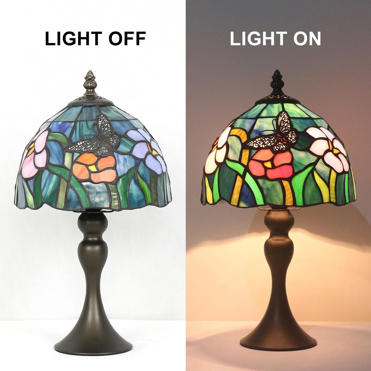 Tiffany Table Lamp,8 Inch Stained Glass Table Lamp,Small Antique Style Lamp,Living Room Bedroom Bedside Nightstand Desk Lamp(Butterfly Tricolor Flower)