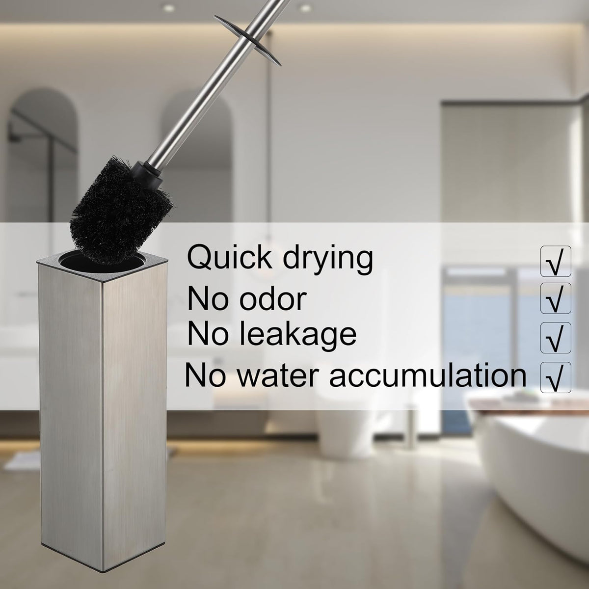 BGL Square Toilet Brush with Holder,Stainless Steel Rubber Painted Toilet Bowl Brush and Holder for Bathroom,2 Cleaner Brush Heads,Brushed Nickel