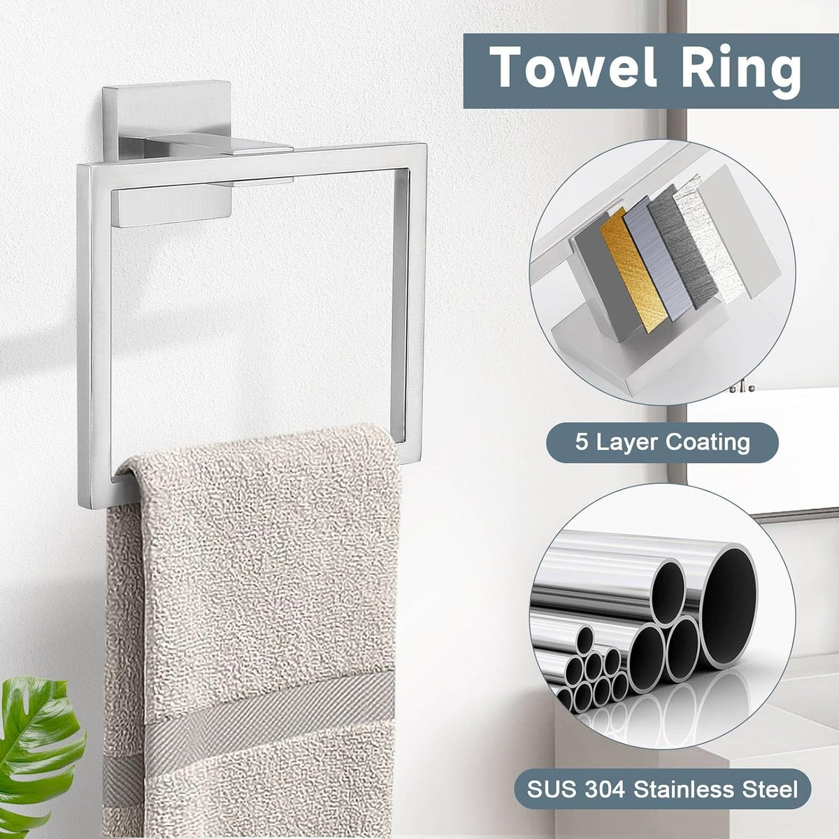 10-Piece Bathroom Hardware Accessories Set-Brushed Nickel Towel Bar, Holder & Racks-SUS304 Stainless Steel-Wall Mounted,23.6-Inch