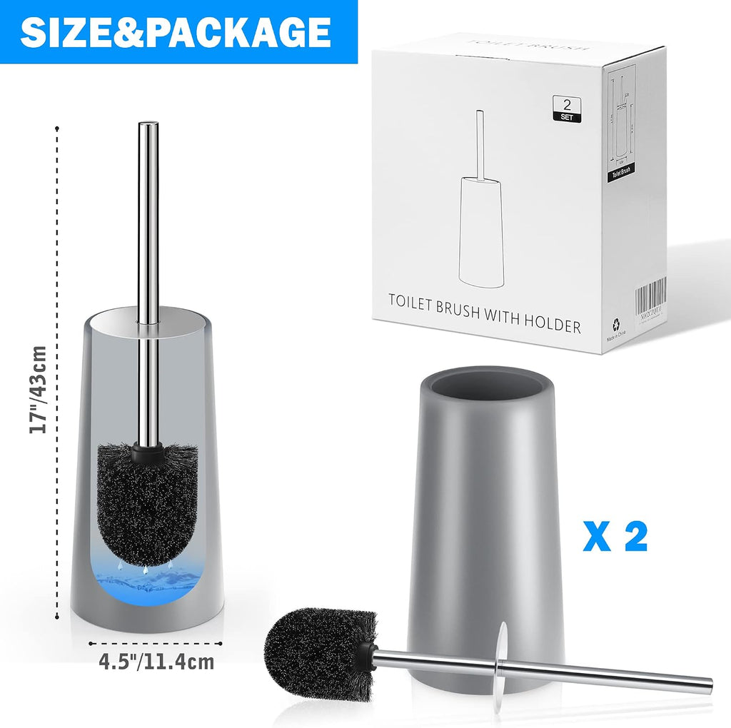 Toilet Brush and Holder, 2 Pack Toilet Brush with 304 Stainless Steel Long Handle, Toilet Bowl Brush for Bathroom Toilet-Ergonomic, Elegant,Durable (Grey)