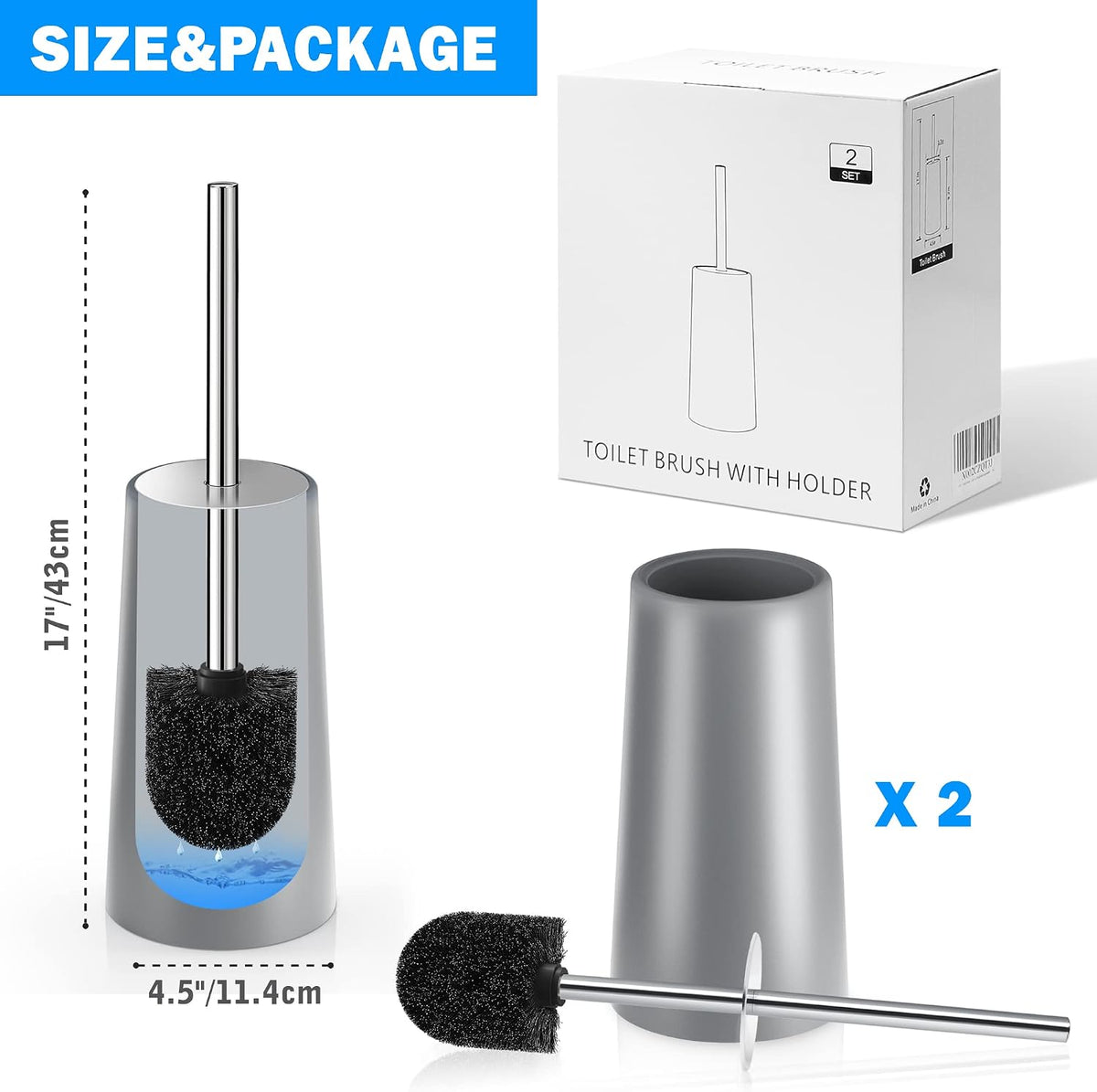 Toilet Brush and Holder, 2 Pack Toilet Brush with 304 Stainless Steel Long Handle, Toilet Bowl Brush for Bathroom Toilet-Ergonomic, Elegant,Durable (Grey)
