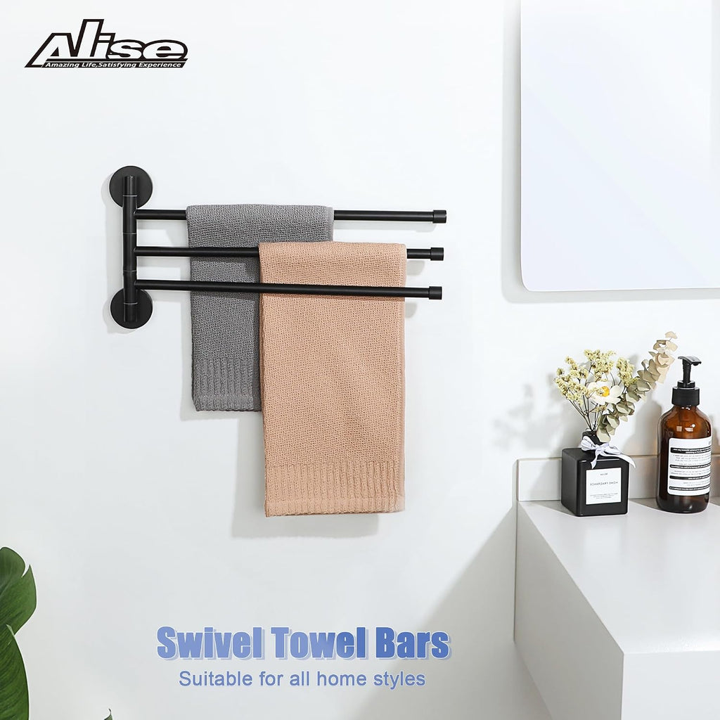Alise 3 Arm Swivel Towel Rack, Matte Black Swivel Out Towel Bar, 13.9 Inch