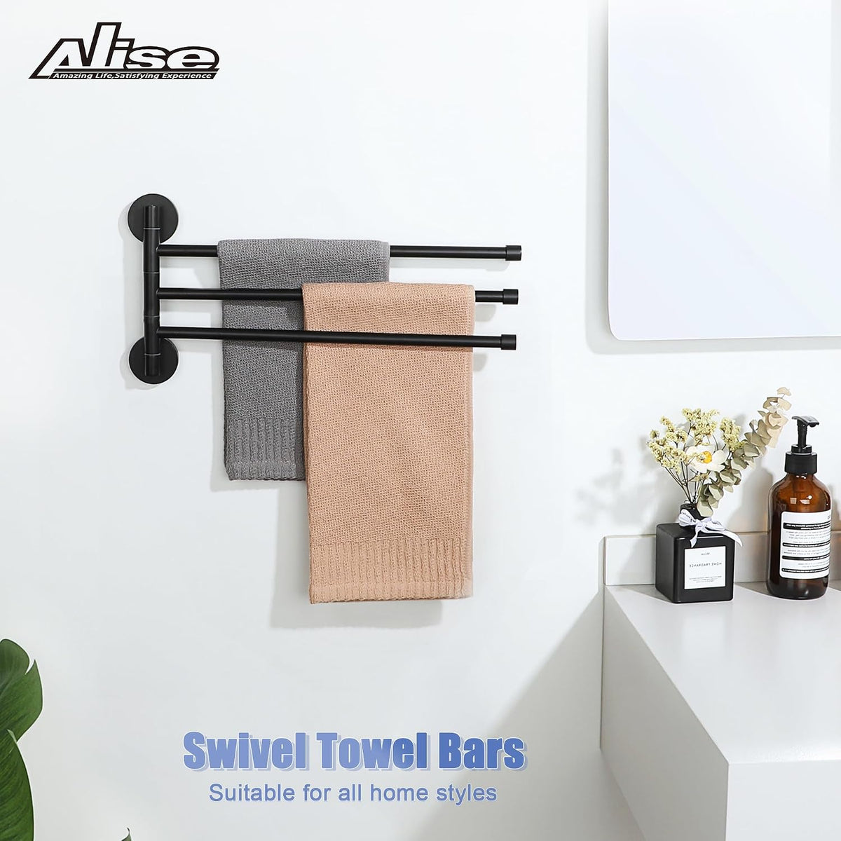 Alise 3 Arm Swivel Towel Rack, Matte Black Swivel Out Towel Bar, 13.9 Inch