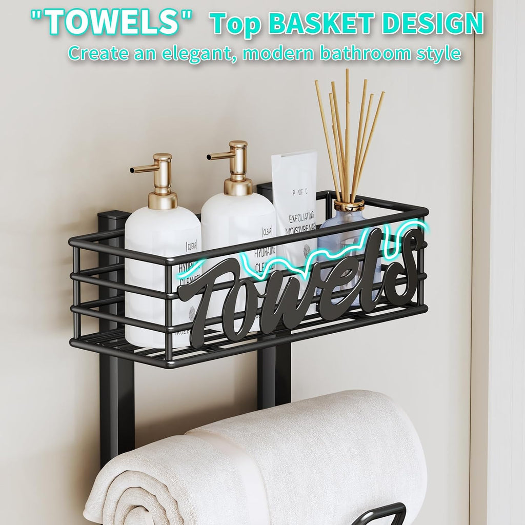 HapiRm Over The Door Towel Rack - 6 Tier Wall Mount Rolled Towel Holder Storage Organizer Shelf with Storage Basket for Small Bathroom, Rv, Camper - Black
