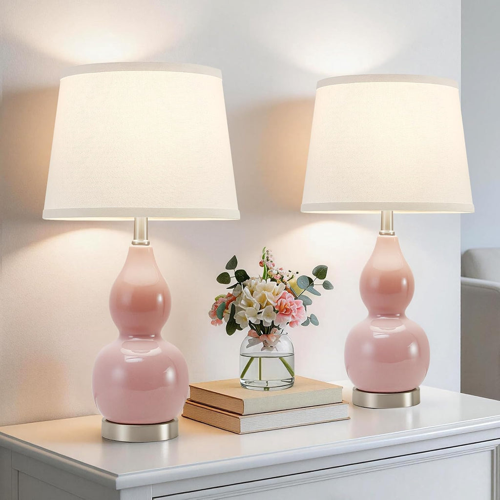 GyroVu 22" Table Lamp Set of 2, Color Temperature Adjustable Double Gourd Ceramic Lamps Classic Nightstand Table Lamps for Bedroom Beside Lamps for Living Room, Pink-Bulbs Included