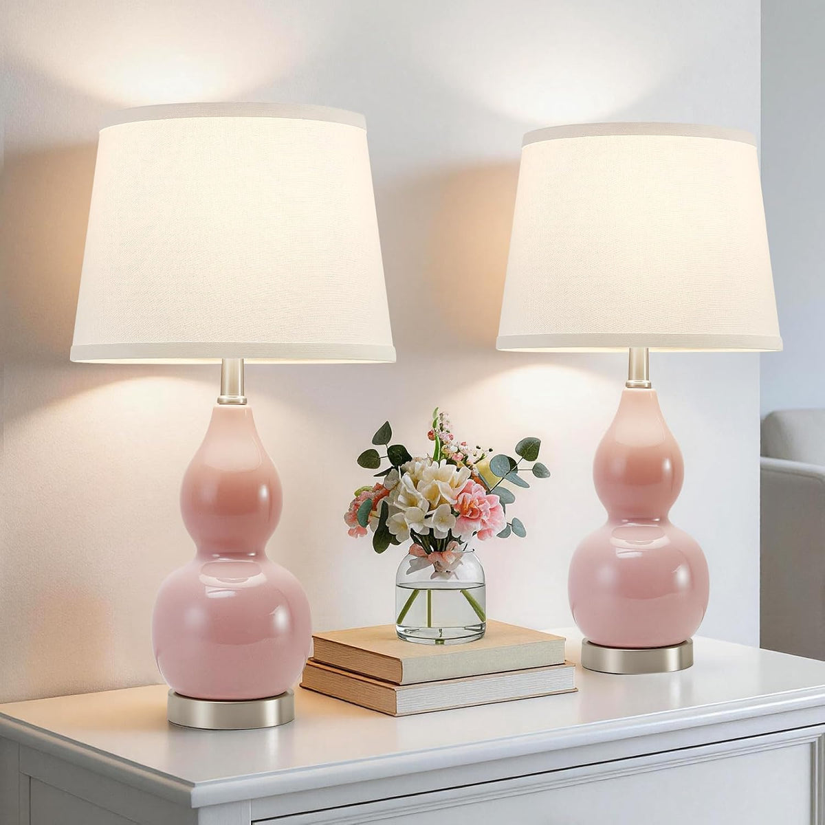GyroVu 22" Table Lamp Set of 2, Color Temperature Adjustable Double Gourd Ceramic Lamps Classic Nightstand Table Lamps for Bedroom Beside Lamps for Living Room, Pink-Bulbs Included