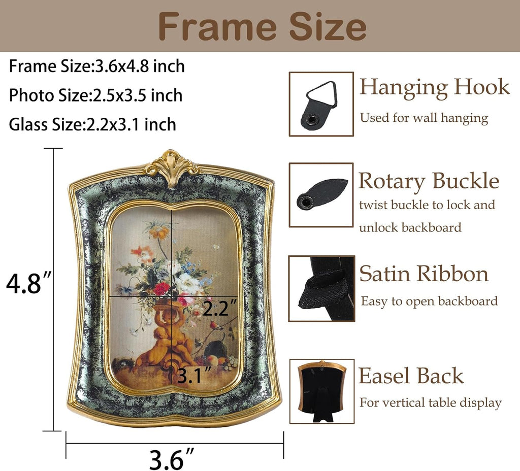 Vintage Picture Frame 2.5x3.5 Antique Ornate Photo Frame Tabletop and Wall Hanging, Decorative Retro Design Home Decor, Old-Fashioned Photo Gallery Art, Moss Agate Green