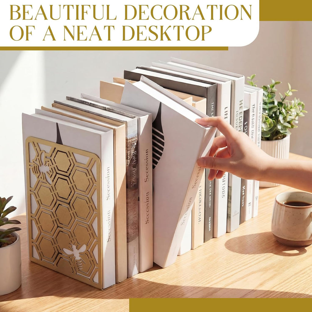 Chunful 6 Pack Gold Metal Honeycomb Bee Bookends Book Stoppers for Shelves