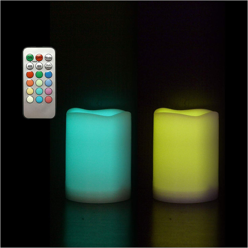 2 Pack Color Changing LED Flameless Pillar Candles with Remote, 3” x 4”