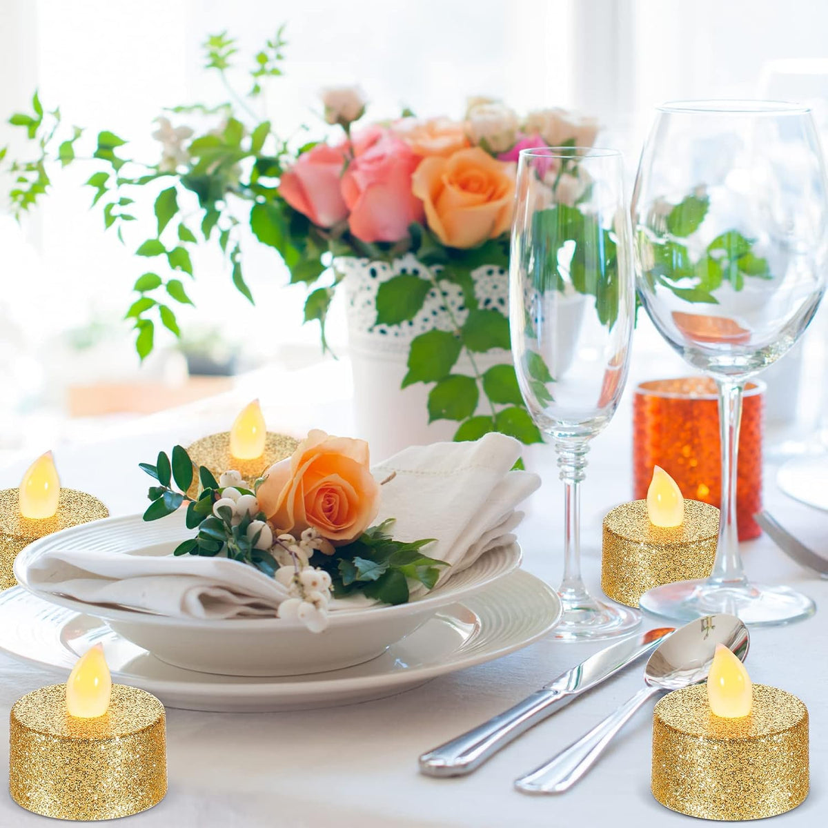 Mudder 24 Pieces Gold Tea Lights LED Candles Tealights Battery Flameless