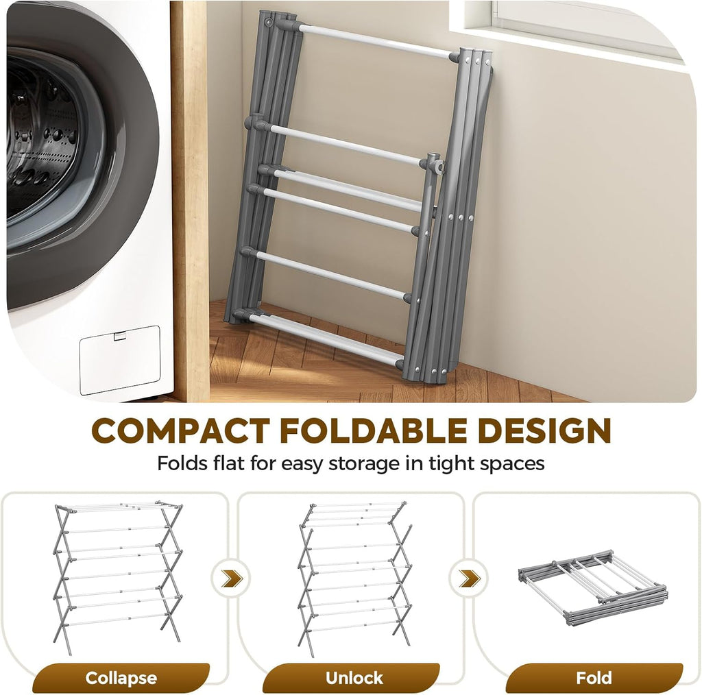 KINGBOARD Clothes Drying Rack, 3-Tier Foldable Extendable, White & Grey