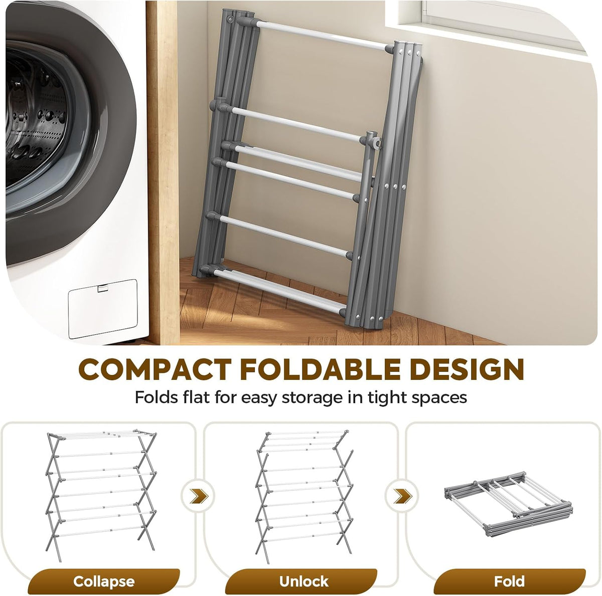 KINGBOARD Clothes Drying Rack, 3-Tier Foldable Extendable, White & Grey