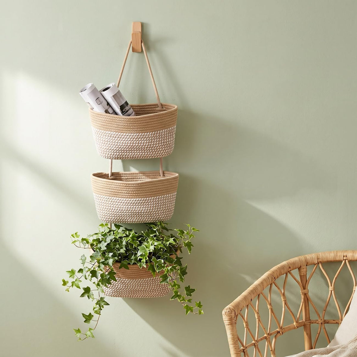 Over the Door Hanging Basket for Organizing 3 Tiers Woven Cotton Rope Wall Mount Storage basket Decorative Kitchen Hanging Organizer Bathroom include 1 door hook Flaxen Stripe
