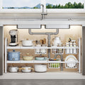 Under Sink Organizer，2 Tier Expandable Heavy Duty Metal Shelf，with 5 Removable Panels and 5 Storage Basket for Under Kitchen Bathroom Sink Organizers and Storage(White, Large)