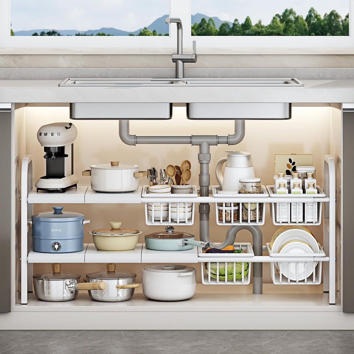 Under Sink Organizer，2 Tier Expandable Heavy Duty Metal Shelf，with 5 Removable Panels and 5 Storage Basket for Under Kitchen Bathroom Sink Organizers and Storage(White, Large)