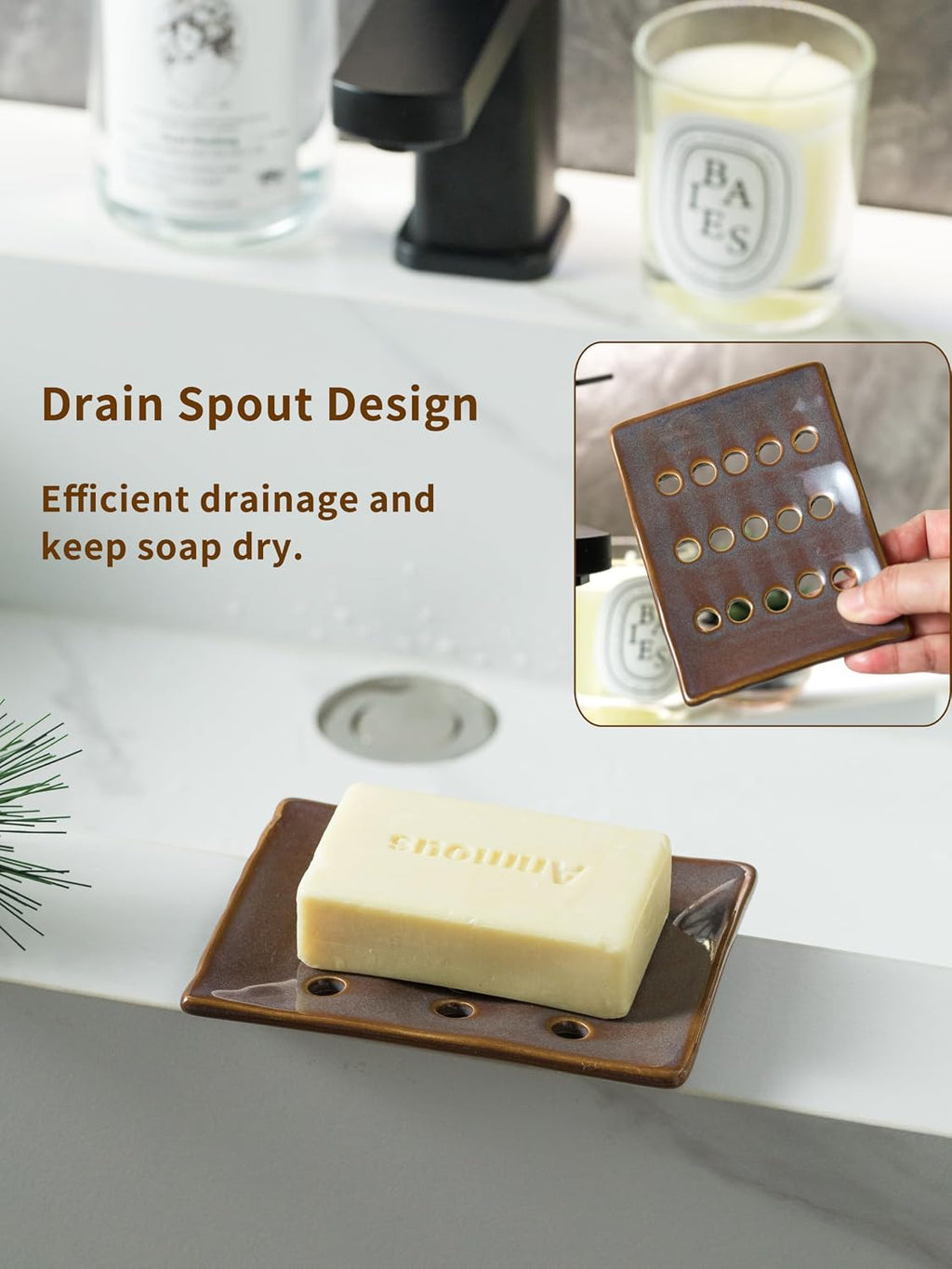Soap Holder, Ceramic Soap Dish for Shower, Japanese Soap Tray with Self Drain for Sponges, Bath Tub, Bathroom, and Kitchen Sink, Purple (Pack of 2)