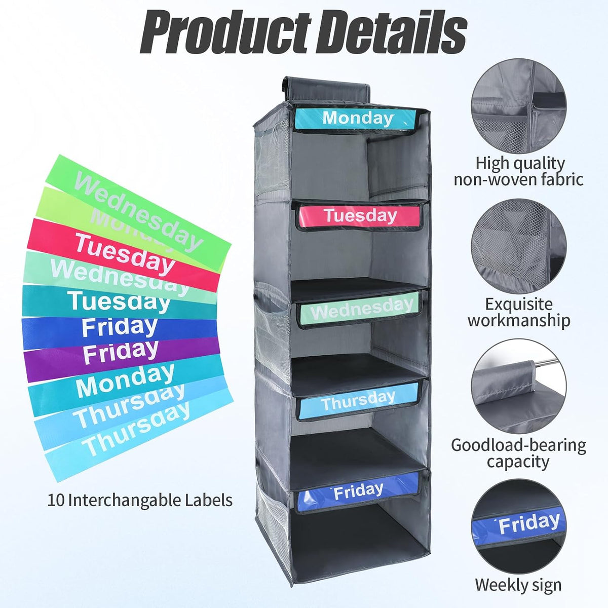 Weekly Clothes Organizer for Kids,Day of The Week Clothes Organizer,5-Shelf Hanging Closet Shelves,School Cloth Organizer Day of Week,Dorm Room Essential Daily Shelf Hanging Closet Organizer