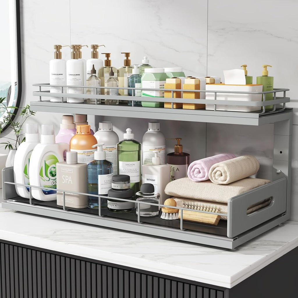 Under Sink Organizer Upgrade To Professional Rails,2-Tier Dual Pull Out Cabinet Storage,Height Adjustable Slide Out Drawers For Bathroom Kitchen,2 Pack-21"Dx12.8"-16.9"H,Gun Gray