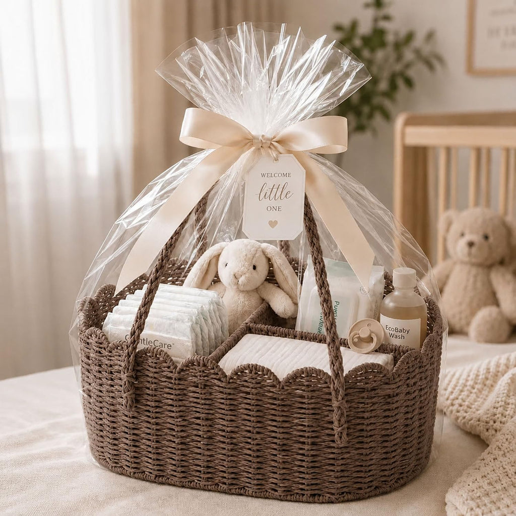 Diaper Caddy Organizer, Paper Rope Storage Baskets Nursery Bin with Removable Divider, Portable Car Organizer for Diapers, Baby Shower Gifts, Newborn Essentials Must Haves (Brown)