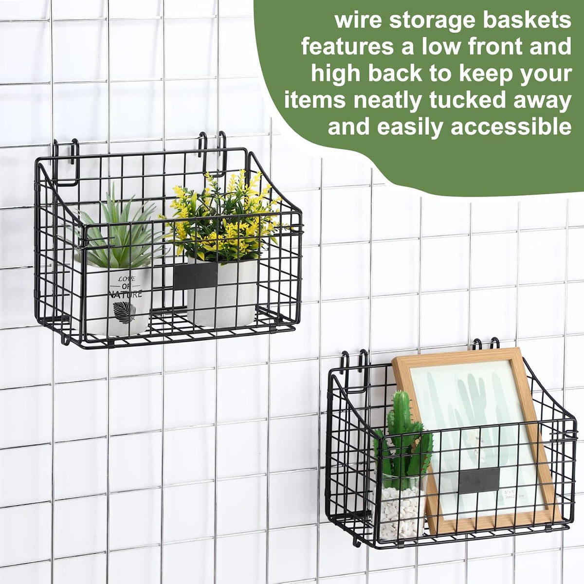 Blulu 4 Pcs Grid Wall Baskets, Wire with Hooks for Hanging, 11 x 8 x 6 Inch