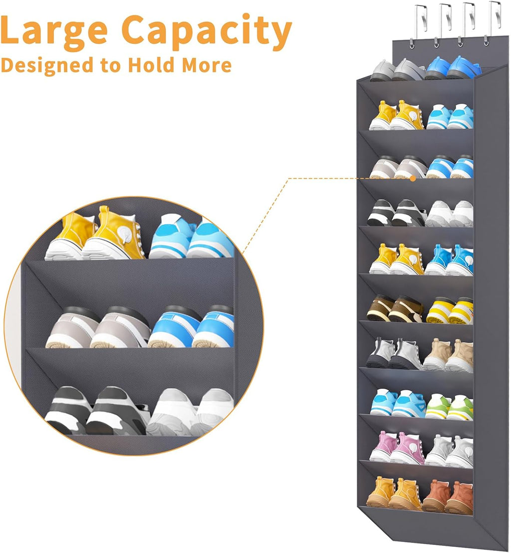 REGELETO Over-the-Door Shoe Organizer 10 Tier, Large Capacity Hanging Shoe Rack Holder for Closet Dorm Bedroom, Non-Woven Fabric with 4 Stainless Steel Hooks, Holds 20-30 Pairs Shoes （ Premium Gray）