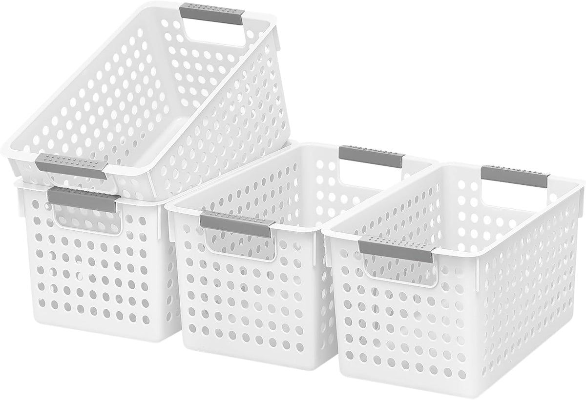 Soddeph 4 Pack Plastic Storage Basket with Handles, Small Deep Organizer Bin with Hollow Design for Under Counter, Shelf, Closet, Kitchen or Bathroom (White, Small)