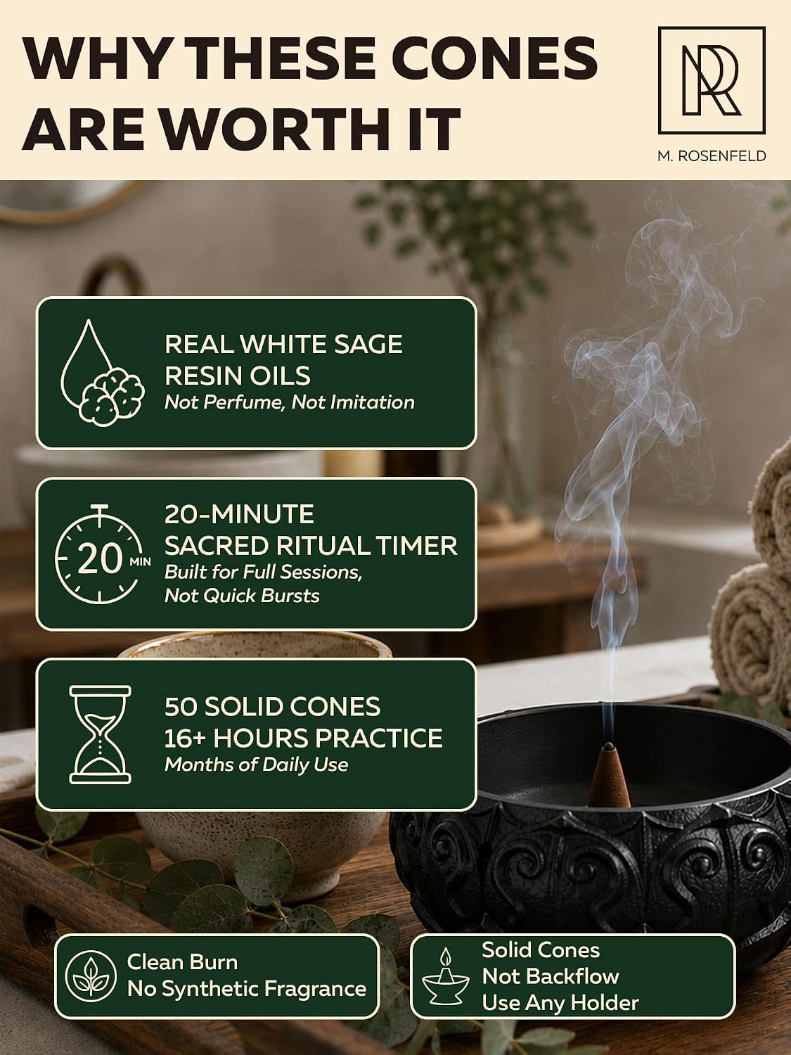 White Sage Incense Cones Scented 50 Pack - Authentic Cleansing Sage Dhoop Resin Blend, Cone Incense Scents for Meditation Yoga Aromatherapy, 1.5-Inch 20-Min Long Burn