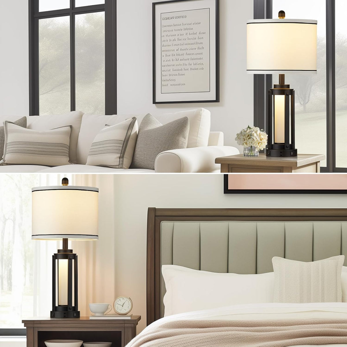26" Modern Table Lamp with USB A+C Charging Ports & AC Outlet, Industrial Beside Contemporary Lamp Glass LED Night Light for Living Room Bedroom Nightstand End Table Single Black(2 Bulbs Included)