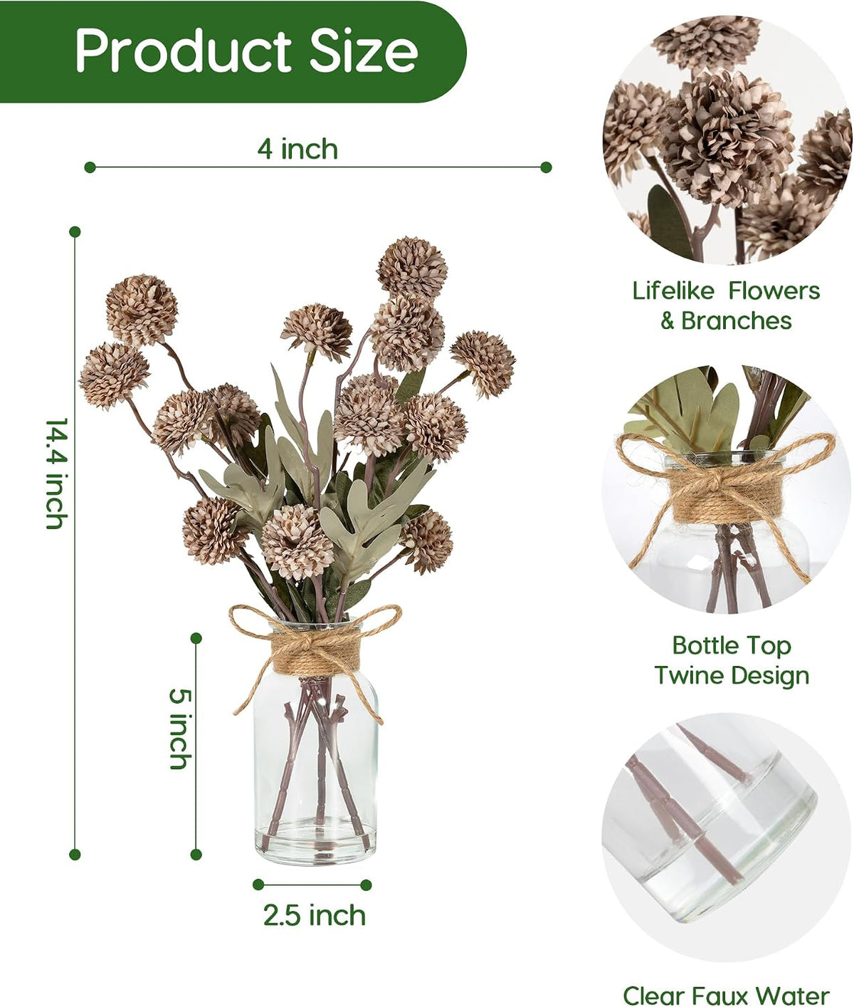Velener Brown Faux Silk Mums Fake Flowers in Vase With Faux Water, Fake Plants Artificial Flowers For Home Decor Kitchen Bathroom Farmhouse Living Room Coffee Table Small Centerpieces For Table 1 Pack