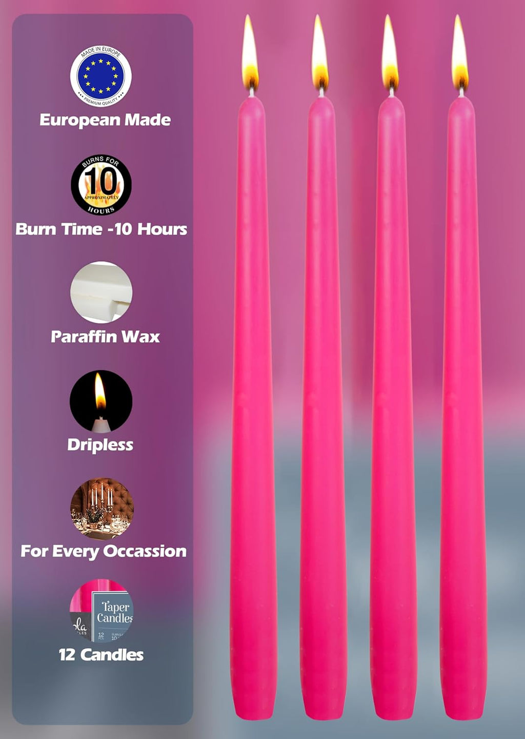 Hyoola 12 Pack Tall Taper Candles - 12 Inch Hot Pink Fuschia Dripless, Unscented Dinner Candle - Paraffin Wax with Cotton Wicks - 10 Hour Burn Time