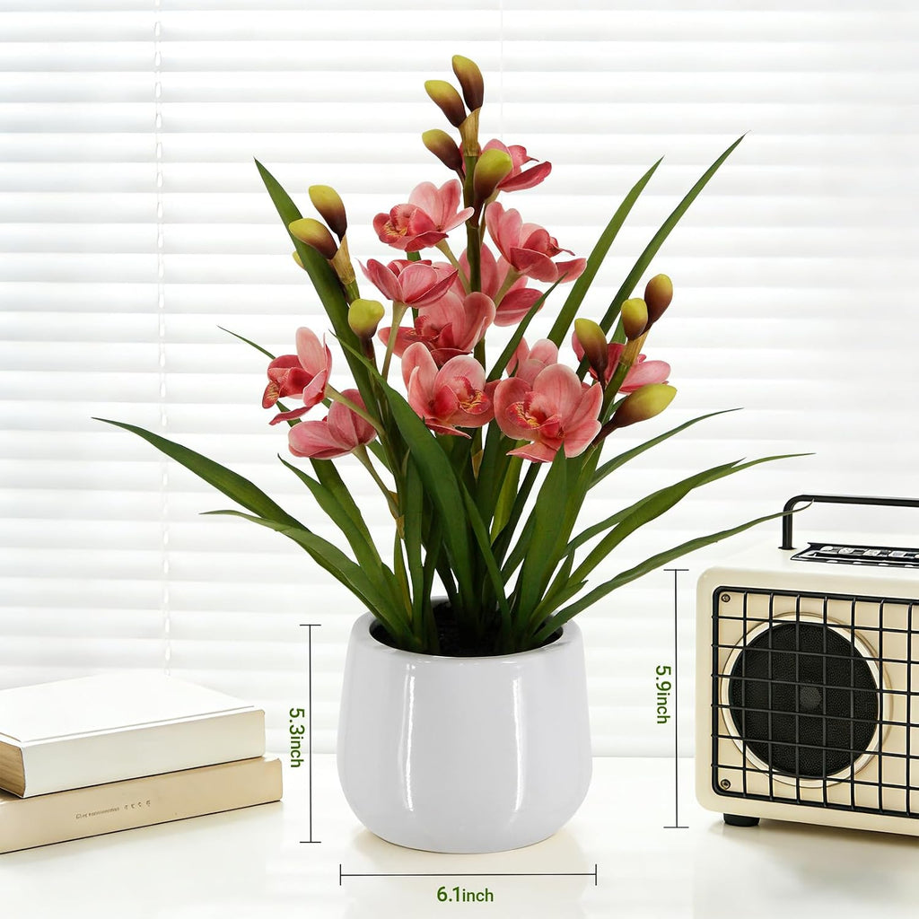Faux Orchid Plant 19" Tall, Realistic Touch Leaves, Potted Cymbidium Artificial Plants Indoor for Home Decor Small Office Home Living Room-Pink