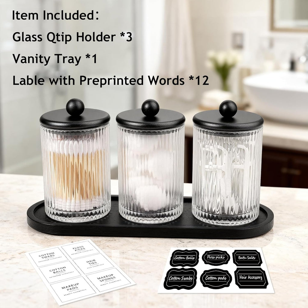 SheeChung 3 Pack Ribbed Glass Qtip Holder with Bamboo Tray & Metal Lids