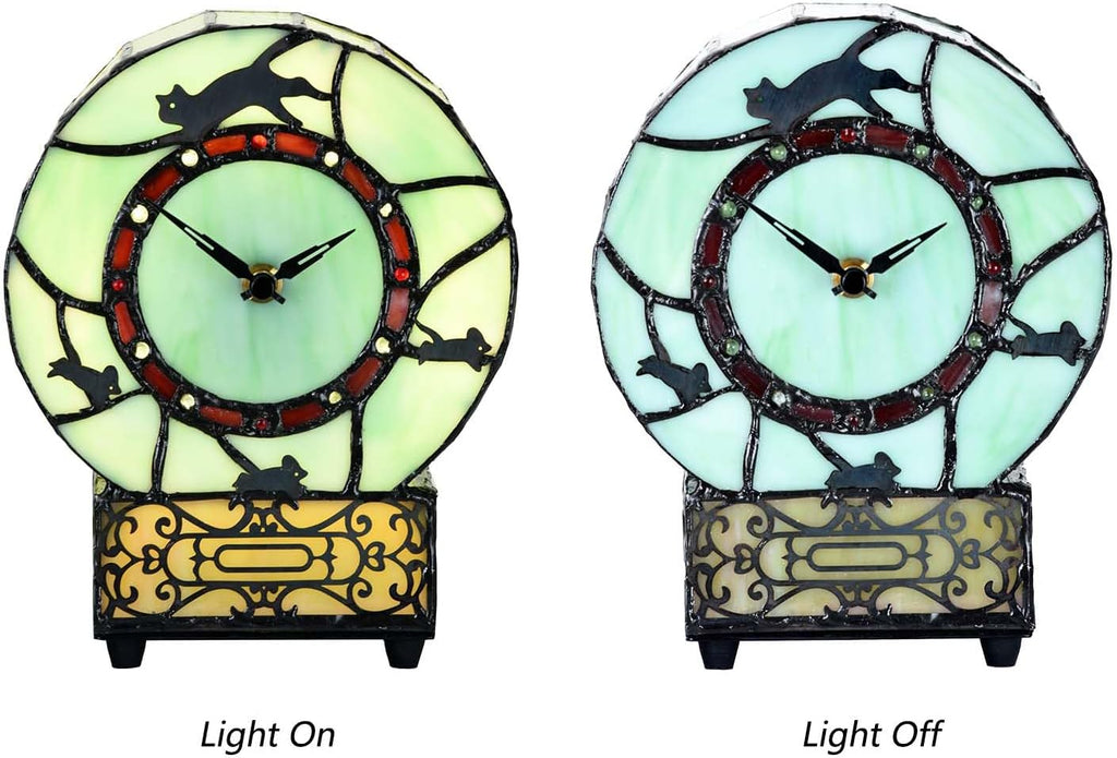 Bieye L10970 Cat and Mouse Tiffany Style Stained Glass Clock Lamp, Green