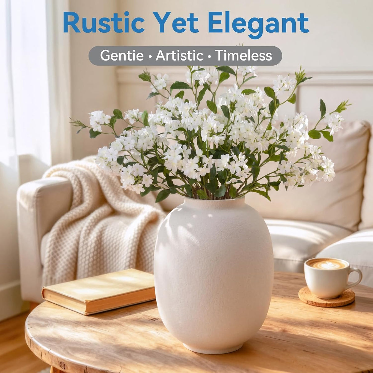 Ceramic Flower Vase Home Decor,9.8 Inch Rustic Farmhouse Vases for Flowers,Vintage Table Vase for Living Room Kitchen Bedroom Shelf Office Desk Coffee Dining Fireplace (9.8"-White)